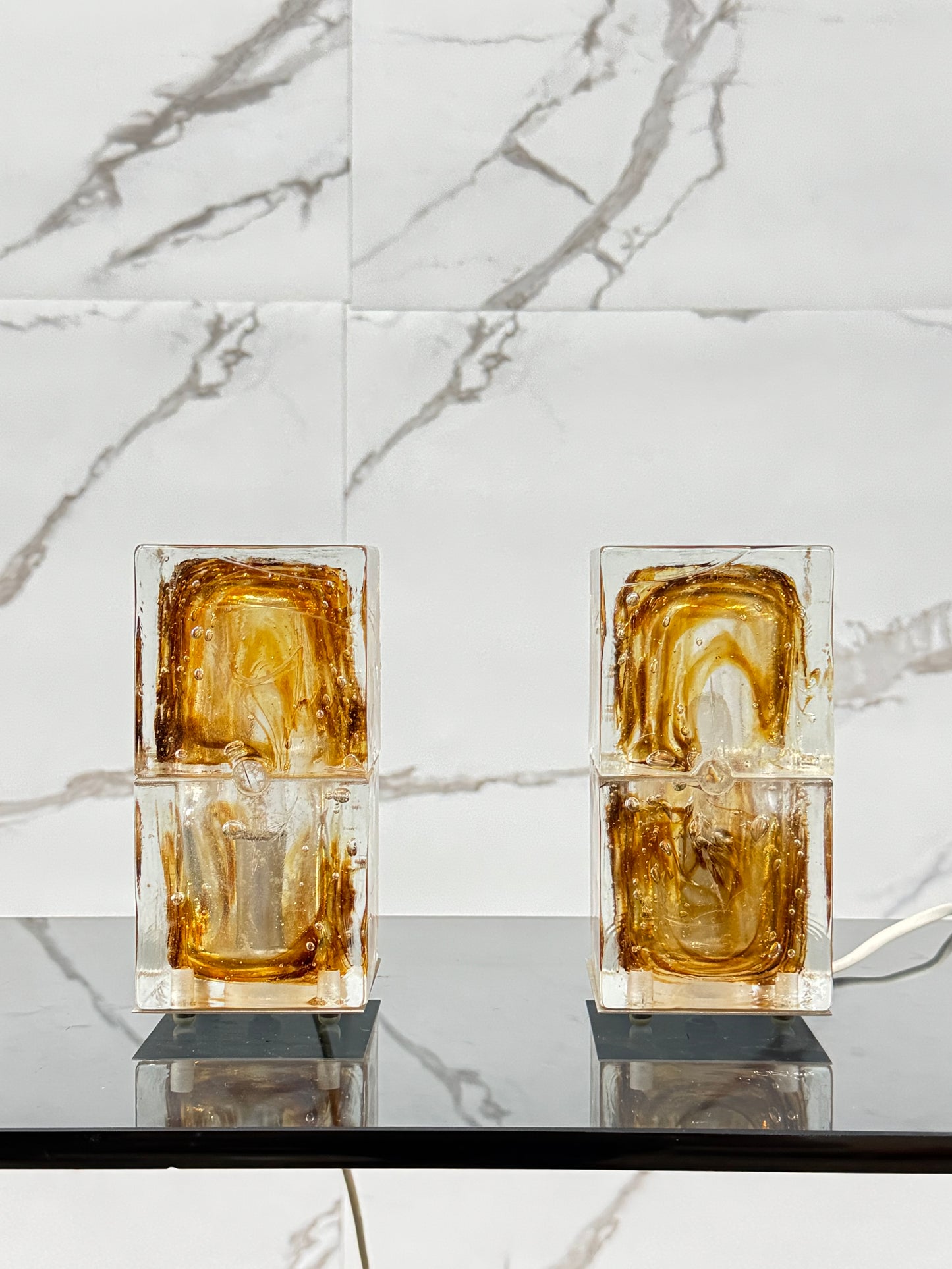 Veart Murano Coppia Di Lampade Da Tavolo Cube Glass Anni ‘70 Design Modernariato