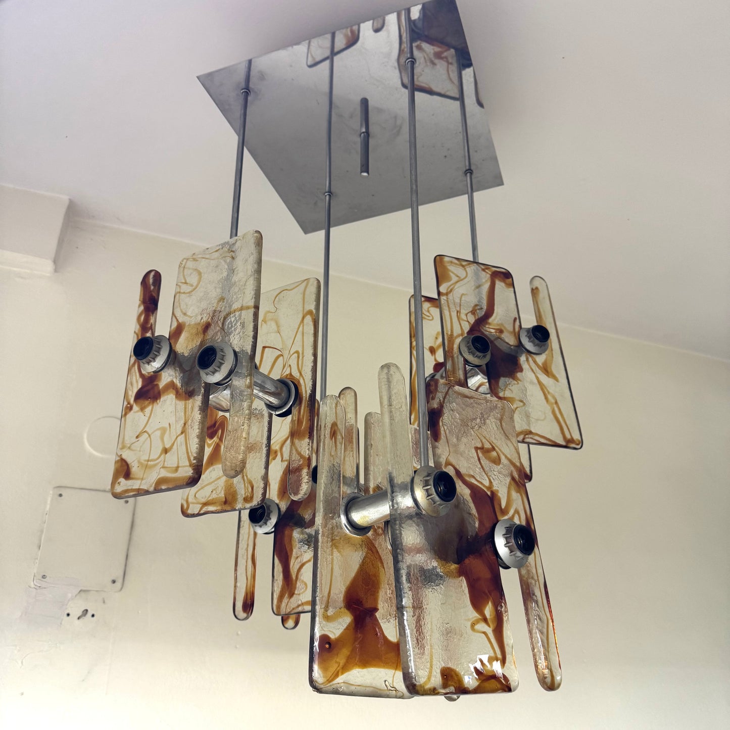 Lampadario Design Vetro Di Murano 16 Luci Acciaio Modernariato Anni 70