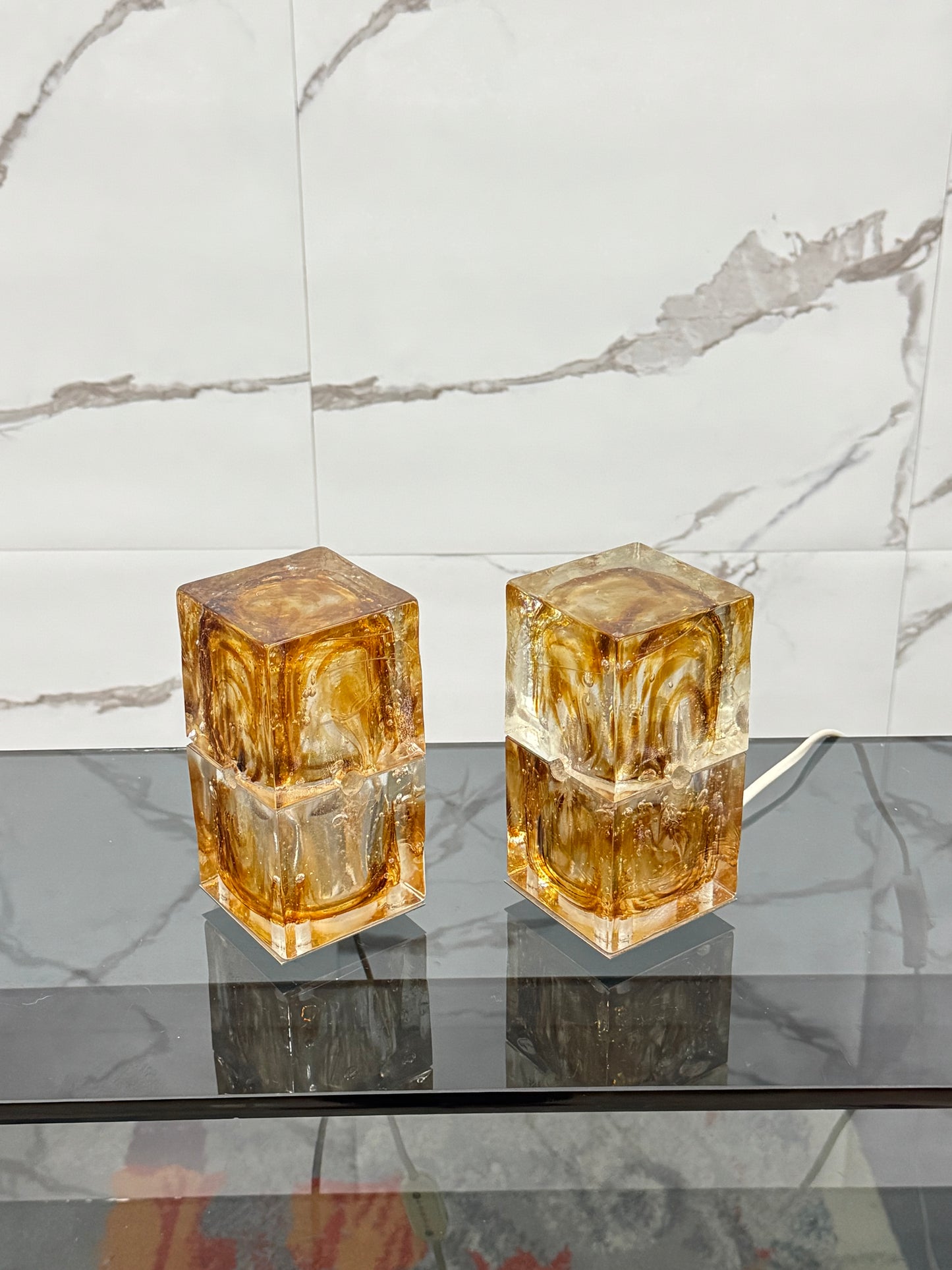 Veart Murano Coppia Di Lampade Da Tavolo Cube Glass Anni ‘70 Design Modernariato