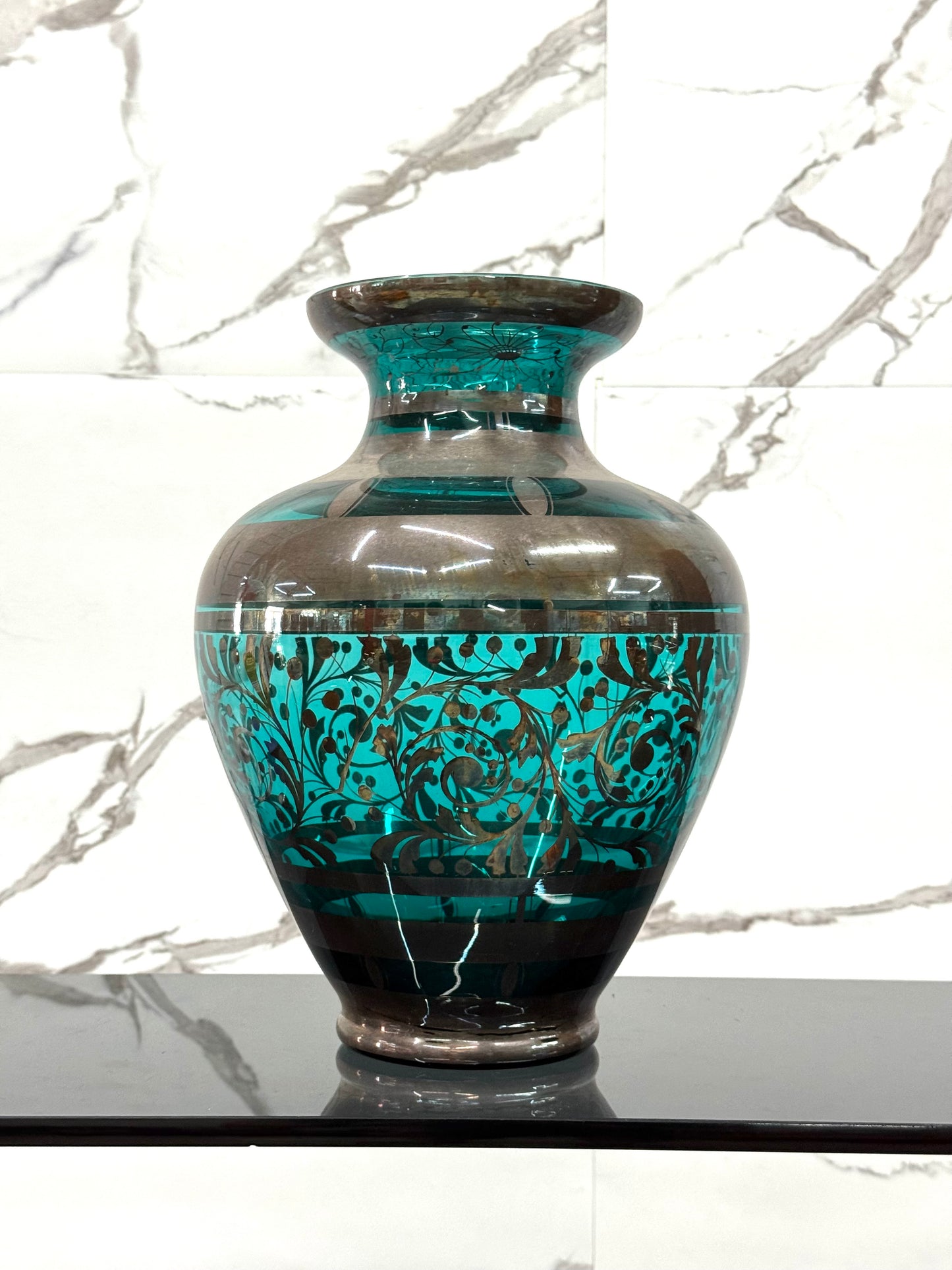 Vaso In Vetro E Argento Overlay American Art Decó 1930’s Design