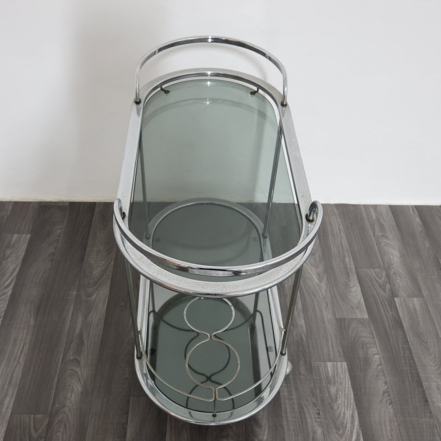 Carrello Portavivande In Acciaio Doppio Ripiano Cristallo Fumè Design Anni 70