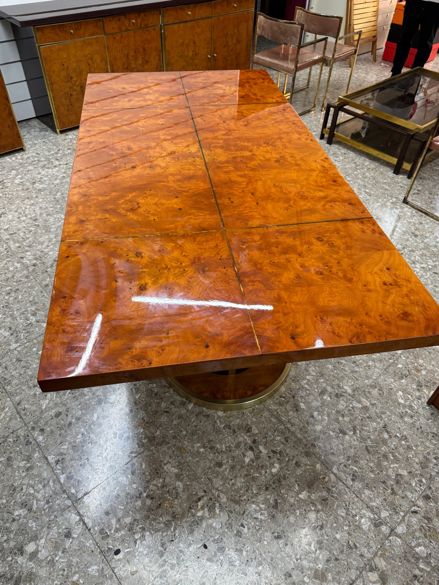 Tavolo Da Pranzo In Radica E Metallo Dorato Anni 70 Modernariato