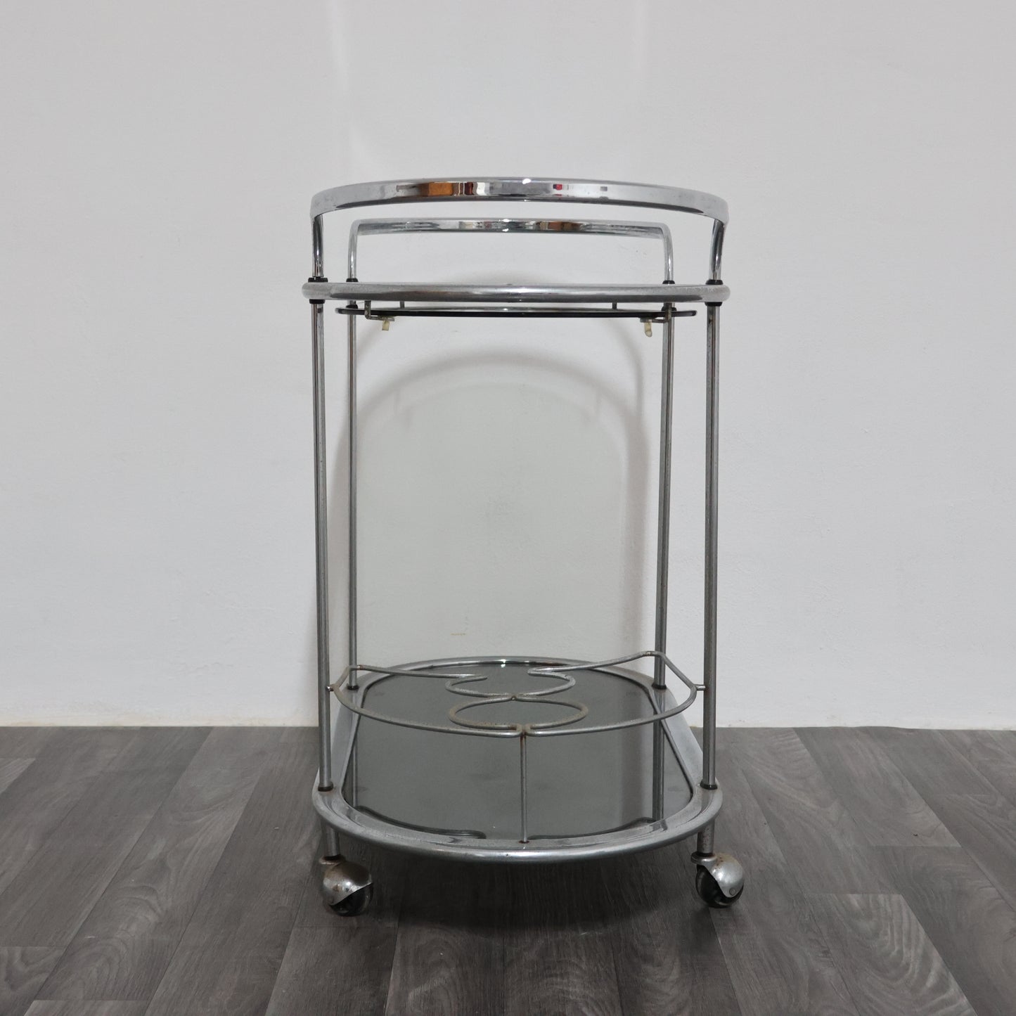 Carrello Portavivande In Acciaio Doppio Ripiano Cristallo Fumè Design Anni 70