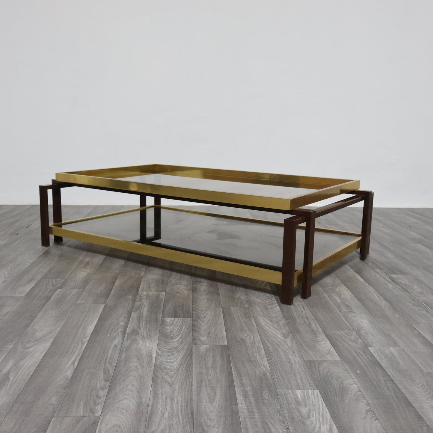 Tavolo Da Salotto Design Hollywood Regency Anni ‘70 Geometrico Ottone Vintage