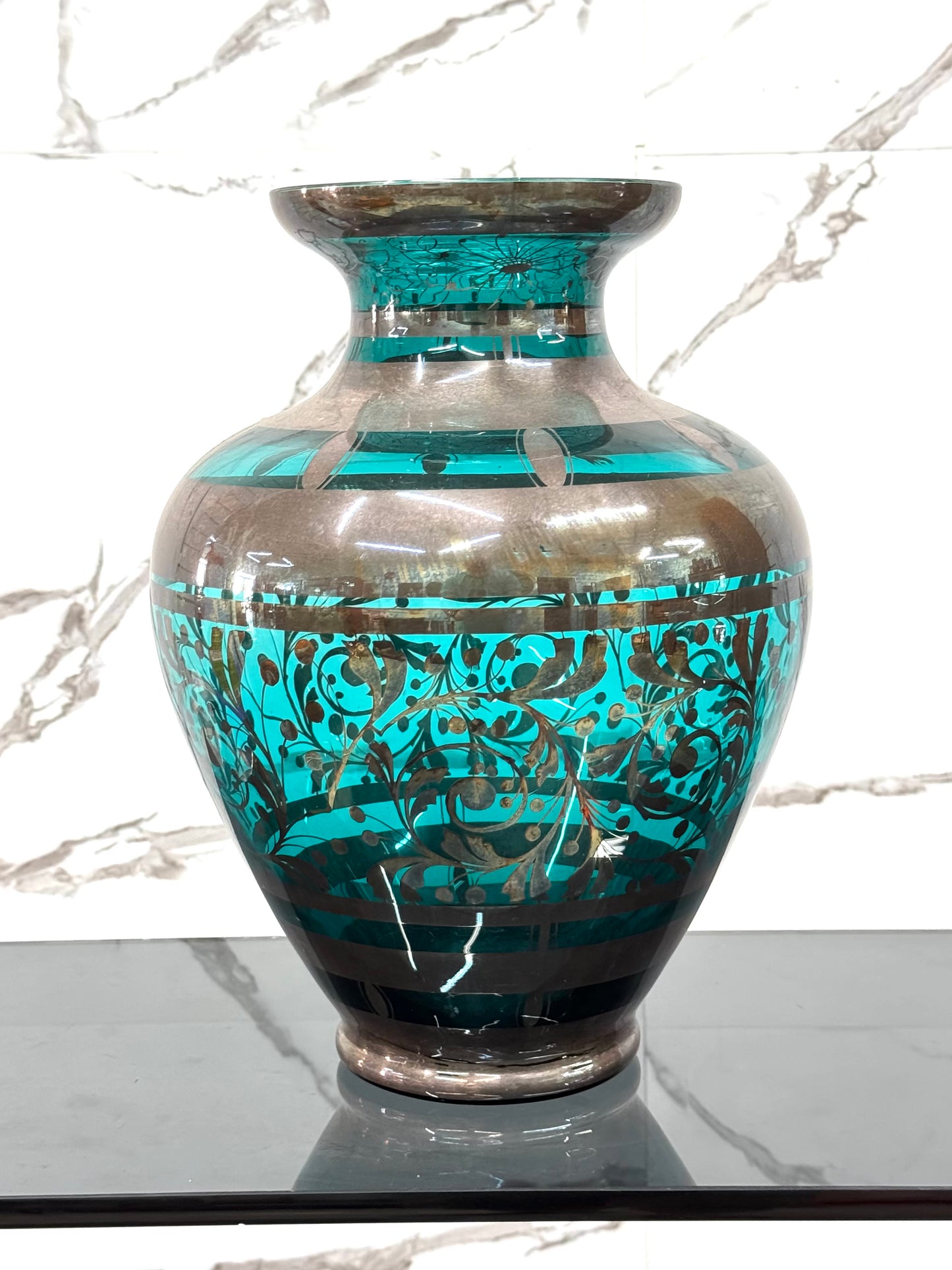 Vaso In Vetro E Argento Overlay American Art Decó 1930’s Design