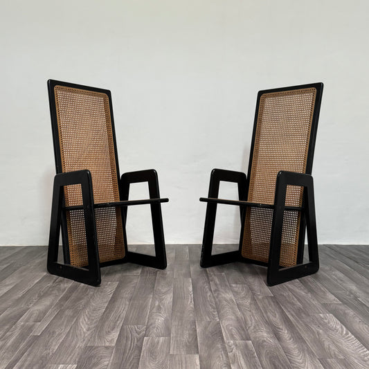 Coppia Di Sedie Design Schienale Alto Legno Laccato Paglia Di Vienna Anni ‘70