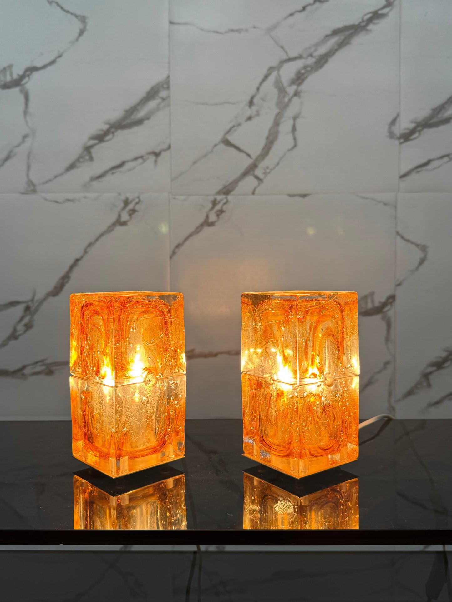Veart Murano Coppia Di Lampade Da Tavolo Cube Glass Anni ‘70 Design Modernariato