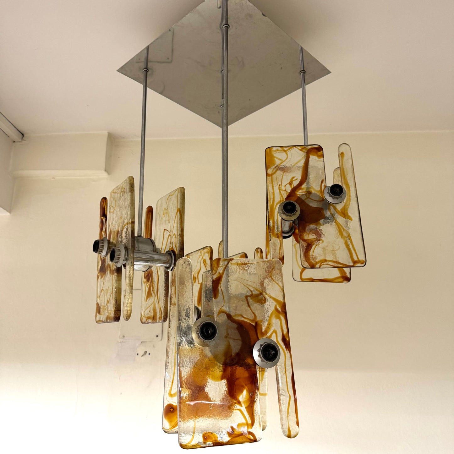 Lampadario Design Vetro Di Murano 16 Luci Acciaio Modernariato Anni 70