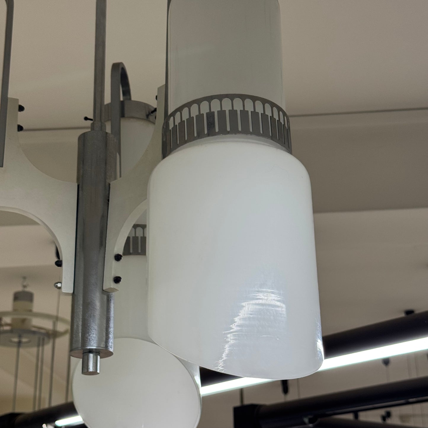 Lampadario Di Design Anni 70 3 Luci In Vetro E Acciaio Modernariato Vintage