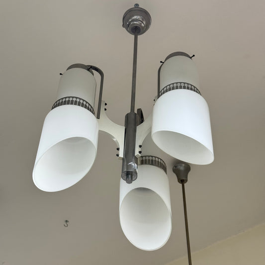 Lampadario Di Design Anni 70 3 Luci In Vetro E Acciaio Modernariato Vintage