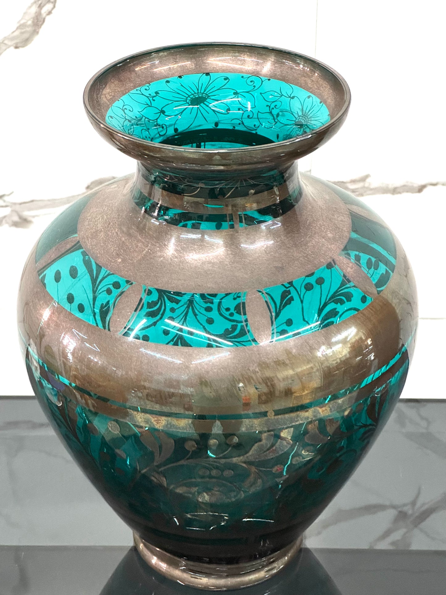 Vaso In Vetro E Argento Overlay American Art Decó 1930’s Design