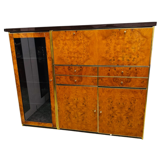 Credenza Alta In Radica E Metallo Dorato Modernariato Anni ‘70