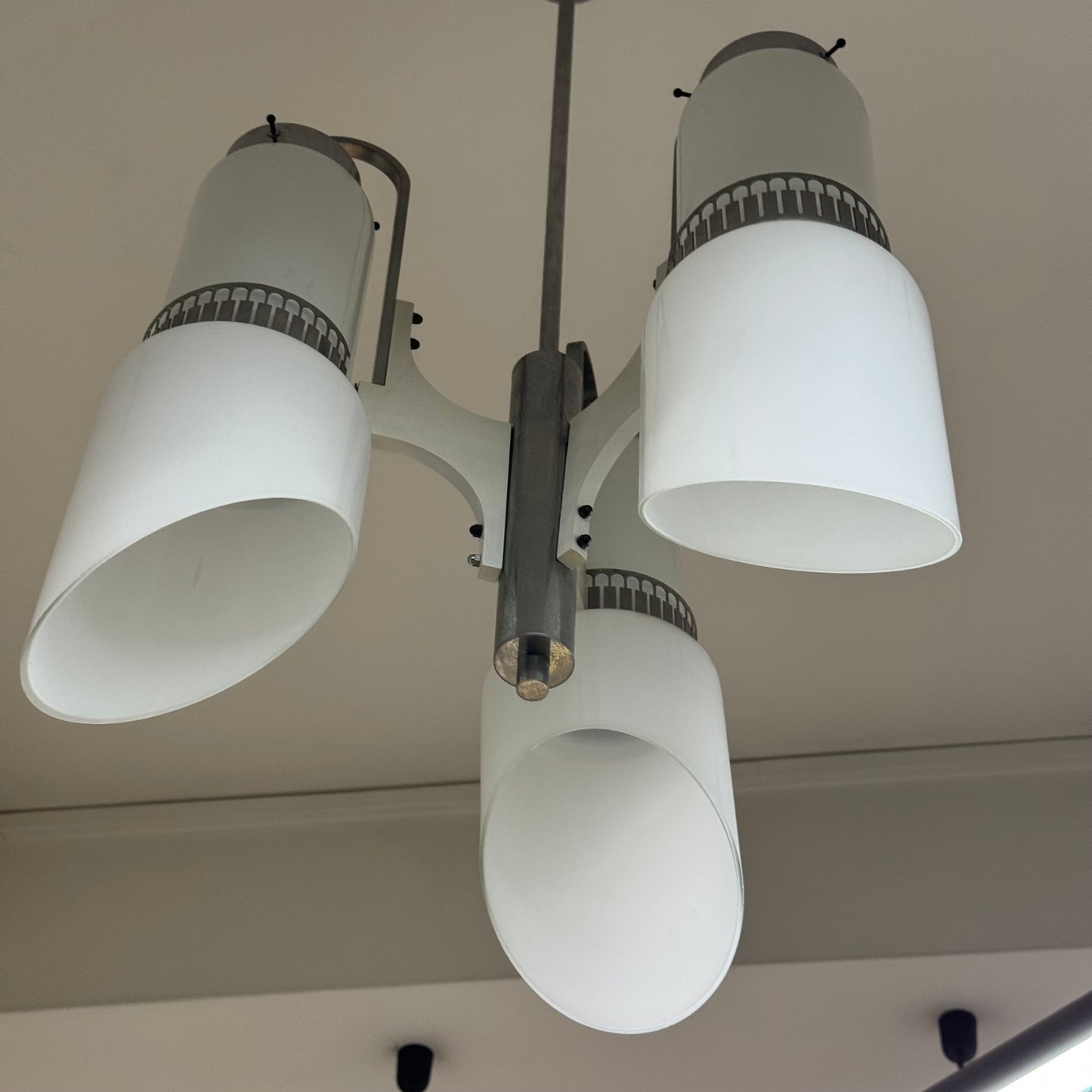 Lampadario Di Design Anni 70 3 Luci In Vetro E Acciaio Modernariato Vintage