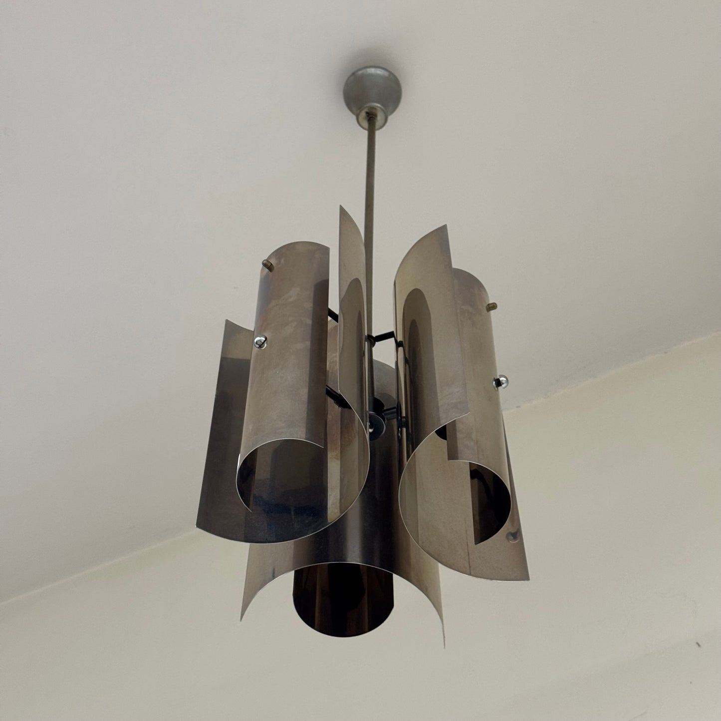 Lampadario Max Sauze Design Chrome Steel 1970’s Modernariato Acciaio Curvato