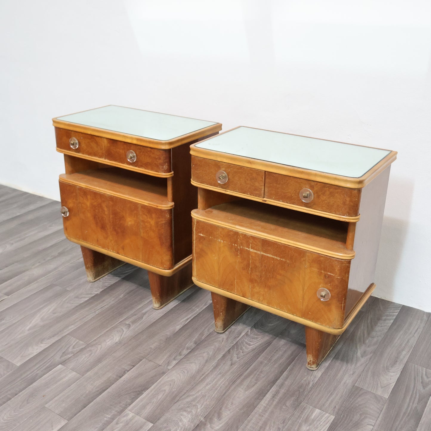 Coppia Di Comodini Art Decò Anni 40 In Legno Design Modernariato Mid-Century