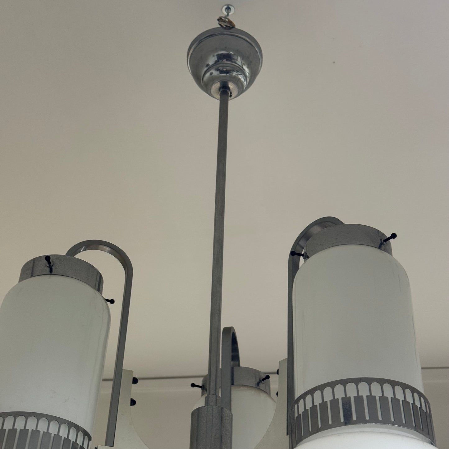 Lampadario Di Design Anni 70 3 Luci In Vetro E Acciaio Modernariato Vintage