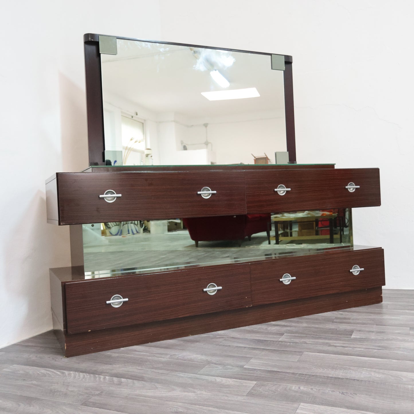 Comò Cassettiera In Ebano Macassar E Specchio Cubic Design Modernariato 1980’s