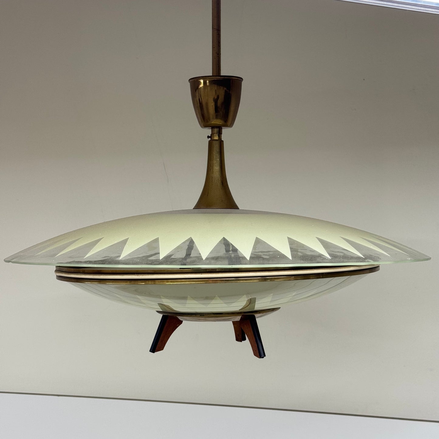 Lampada A Sospensione Design Anni 50 Vetro E Teak Modernariato Italy