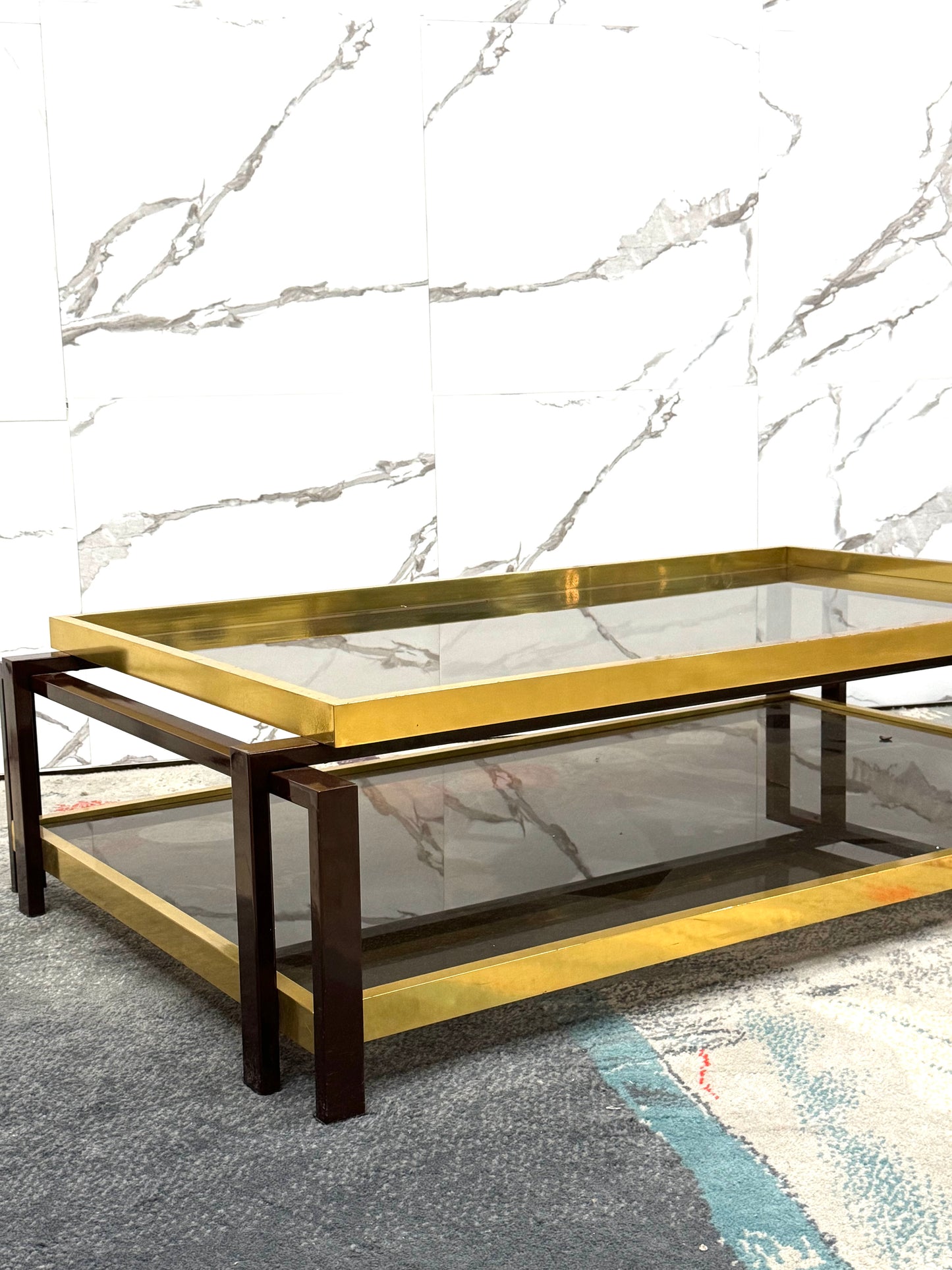 Tavolo Da Salotto Hollywood Regency Anni ‘70 Geometrico Metallo Dorato