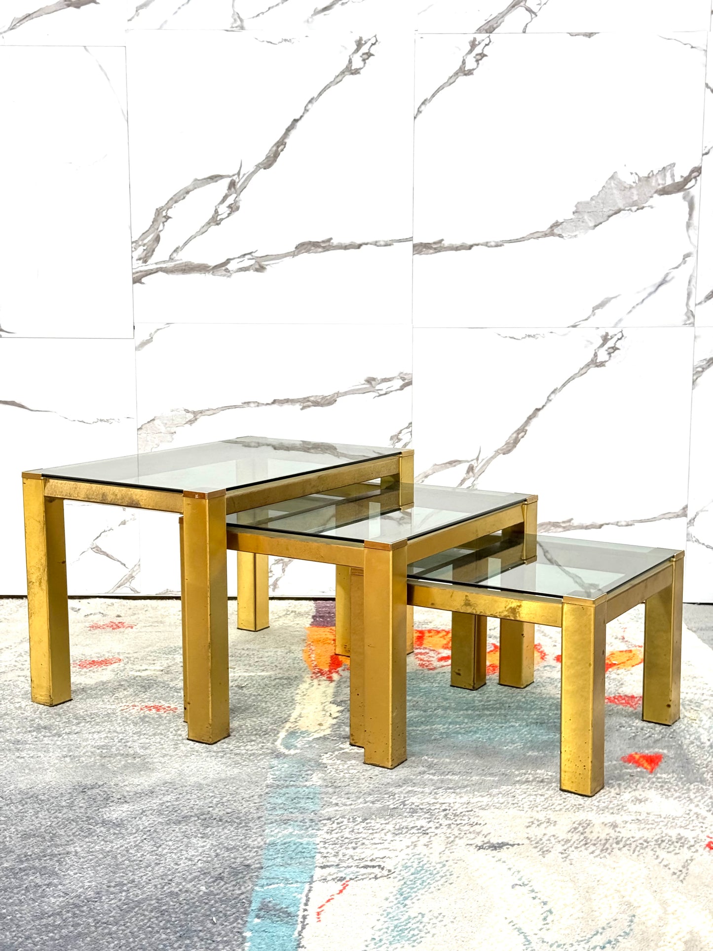 Tris tavolini ottone Hollywood Regency 1970 Design Modernariato