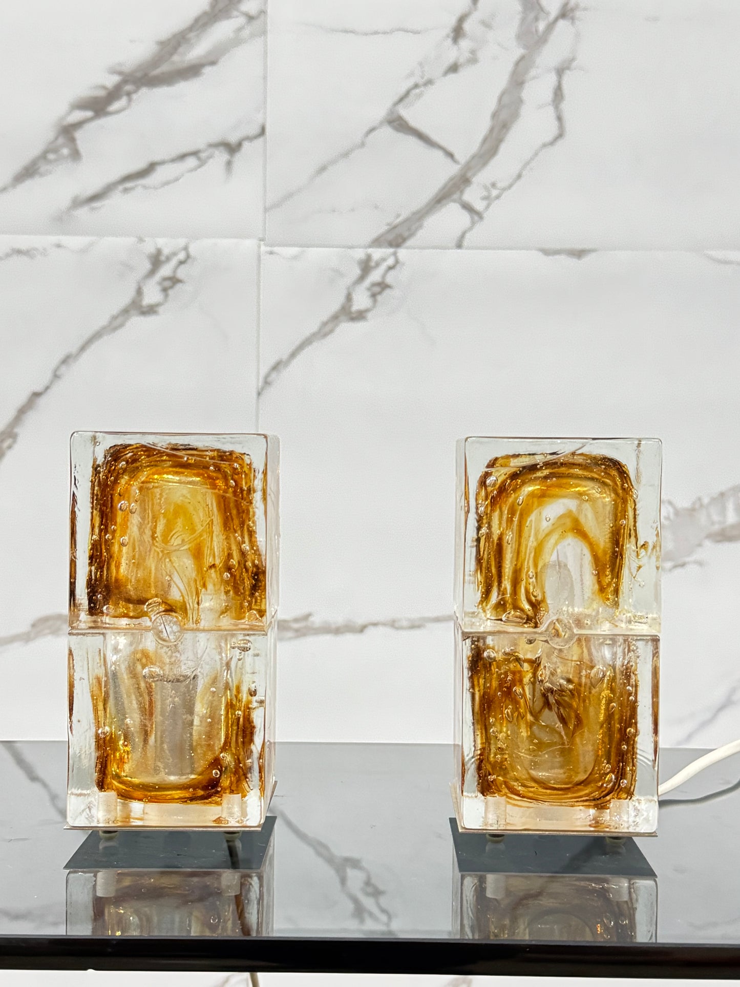 Veart Murano Coppia Di Lampade Da Tavolo Cube Glass Anni ‘70 Design Modernariato