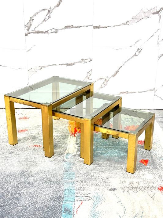 Tris tavolini ottone Hollywood Regency 1970 Design Modernariato