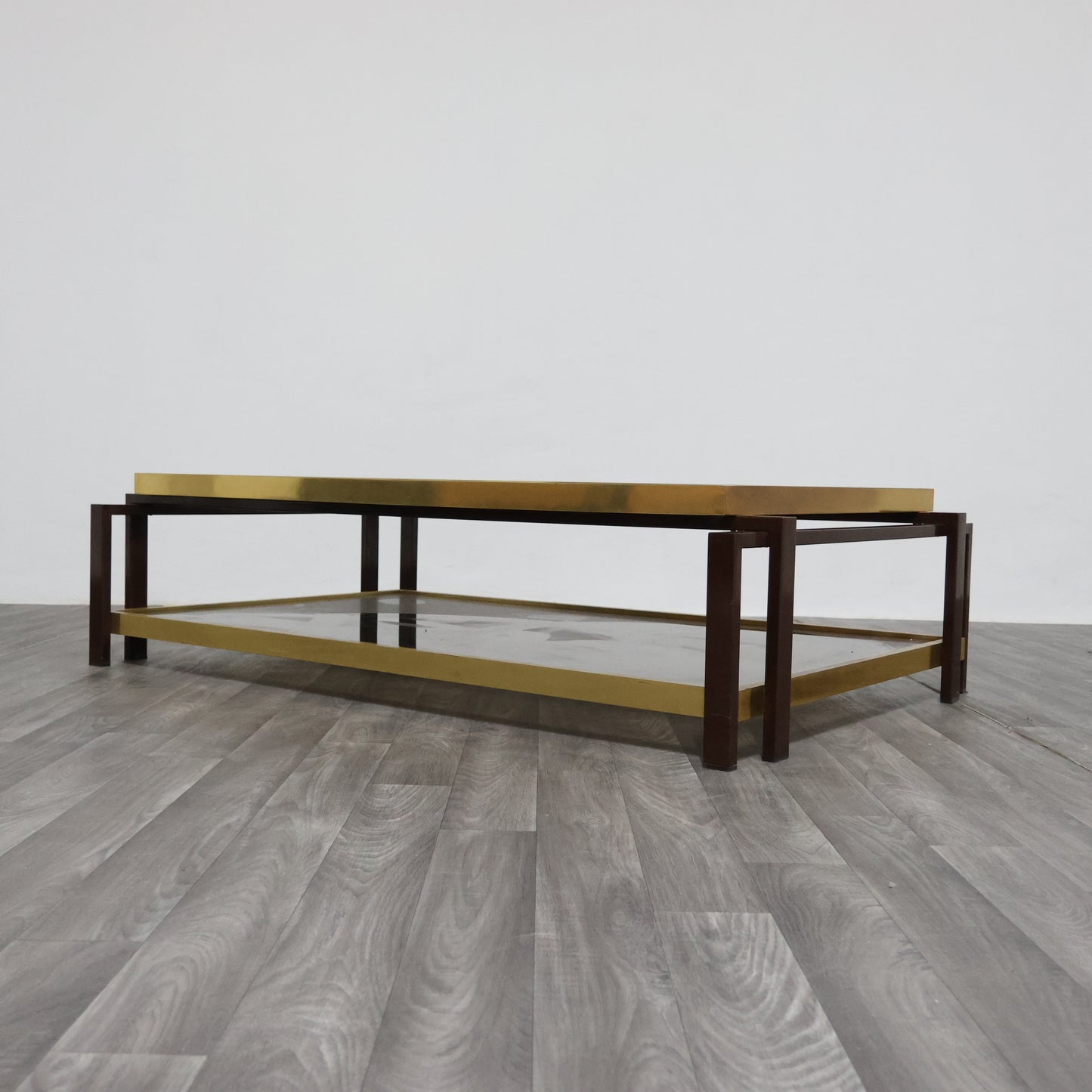 Tavolo Da Salotto Design Hollywood Regency Anni ‘70 Geometrico Ottone Vintage