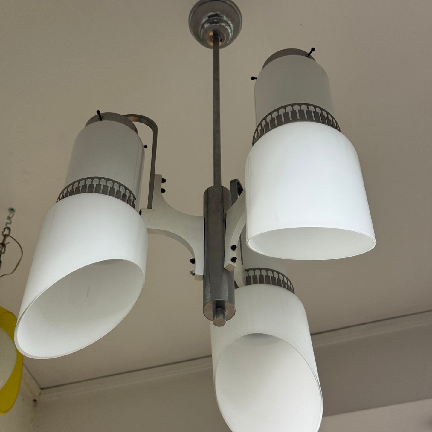 Lampadario Di Design Anni 70 3 Luci In Vetro E Acciaio Modernariato Vintage