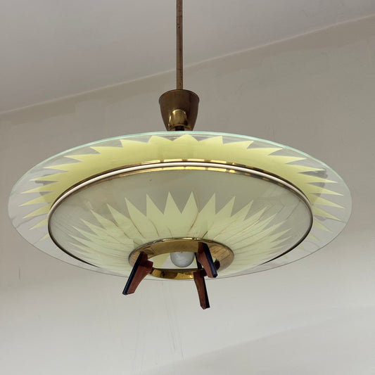 Lampada A Sospensione Design Anni 50 Vetro E Teak Modernariato Italy