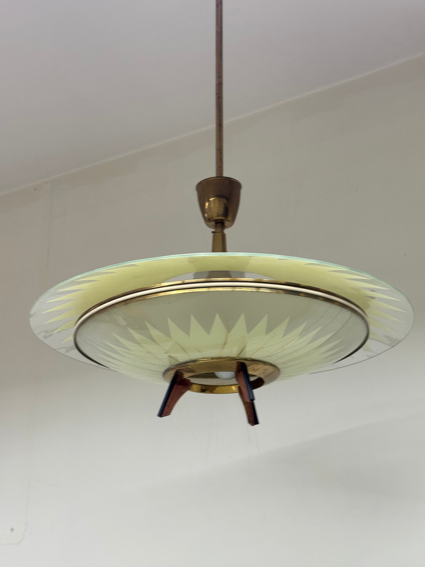 Lampada A Sospensione Design Anni 50 Vetro E Teak Modernariato Italy