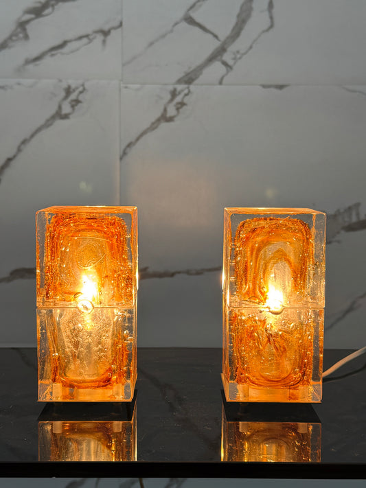 Veart Murano Coppia Di Lampade Da Tavolo Cube Glass Anni ‘70 Design Modernariato