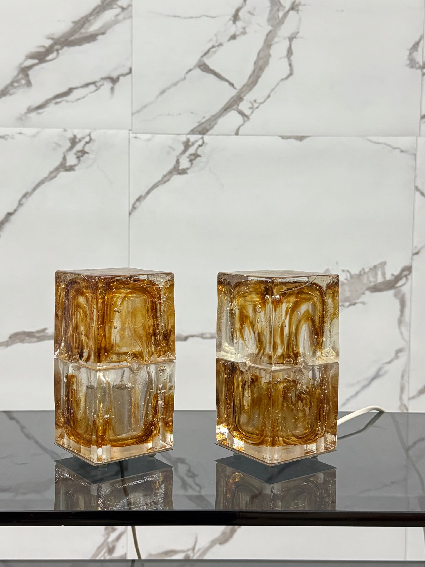 Veart Murano Coppia Di Lampade Da Tavolo Cube Glass Anni ‘70 Design Modernariato