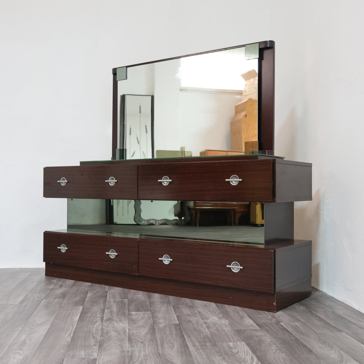 Comò Cassettiera In Ebano Macassar E Specchio Cubic Design Modernariato 1980’s