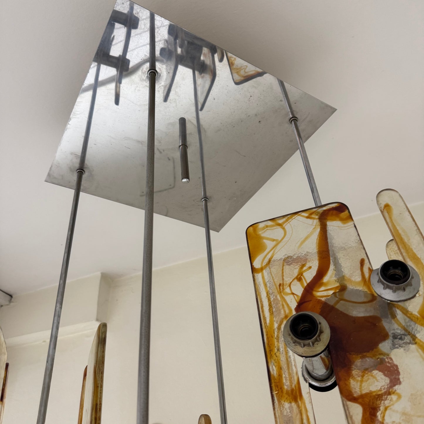 Lampadario Design Vetro Di Murano 16 Luci Acciaio Modernariato Anni 70